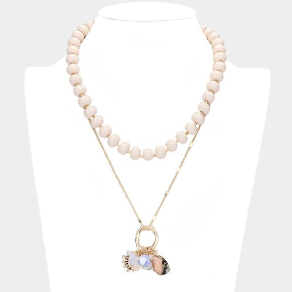 NEW Boho Ivory Gold Neutral Stone Ball Ship Heel Pendant Layered Necklace - Picture 3 of 9